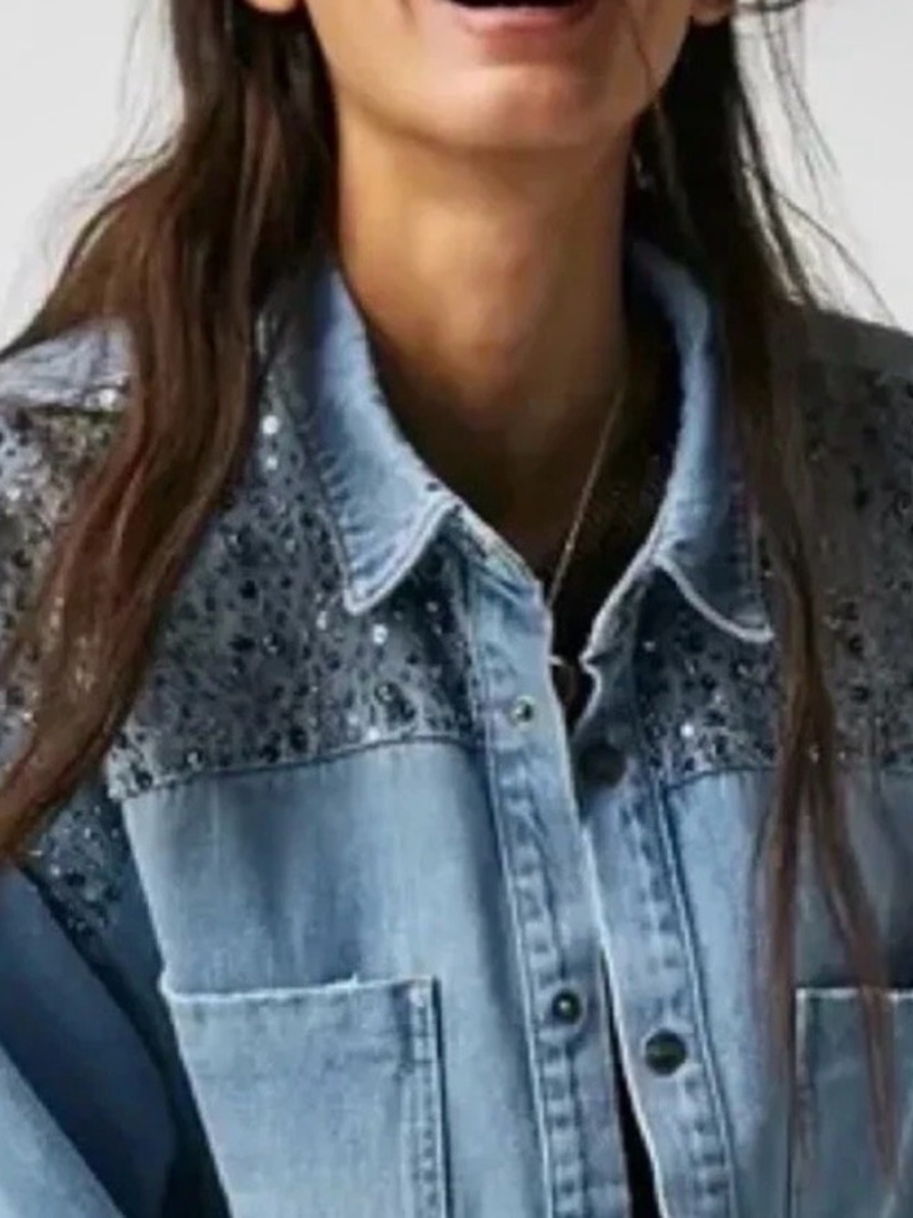 Free People X One Teaspoon Hand Embellished Daria Denim Shirt Size L - MSRP $298